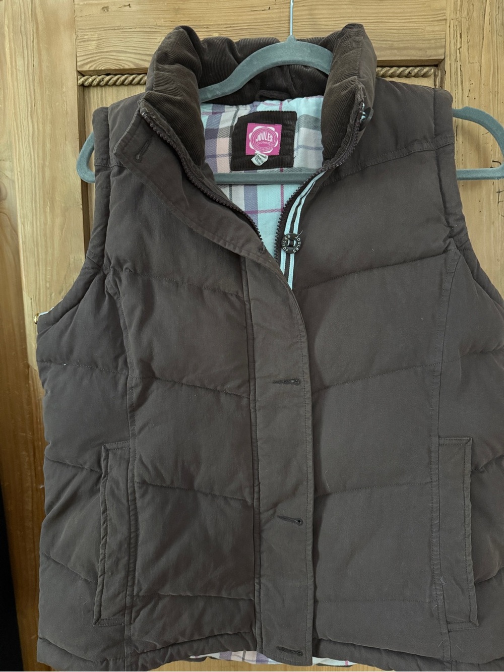 Joules Brown Jacket with Pink and Light Blue Plaid Flannel Lining